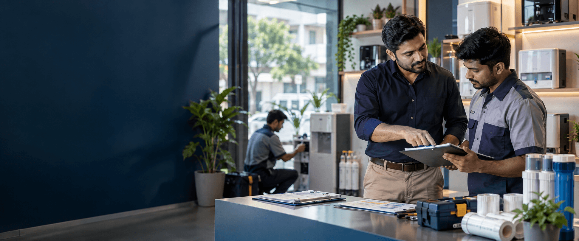 A water purifier business owner reviewing service work with a technician