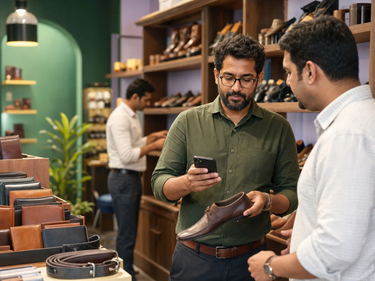 A footwear shop owner helping a customer after receiving a product request